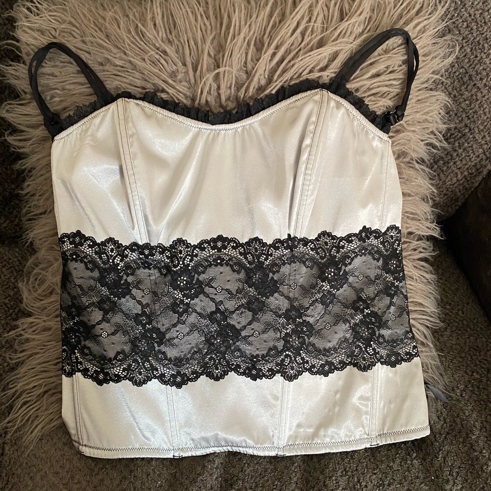 Cacique Satin & Lace Silver Ice Corset w/ Adjustable Straps Sz- 18/20